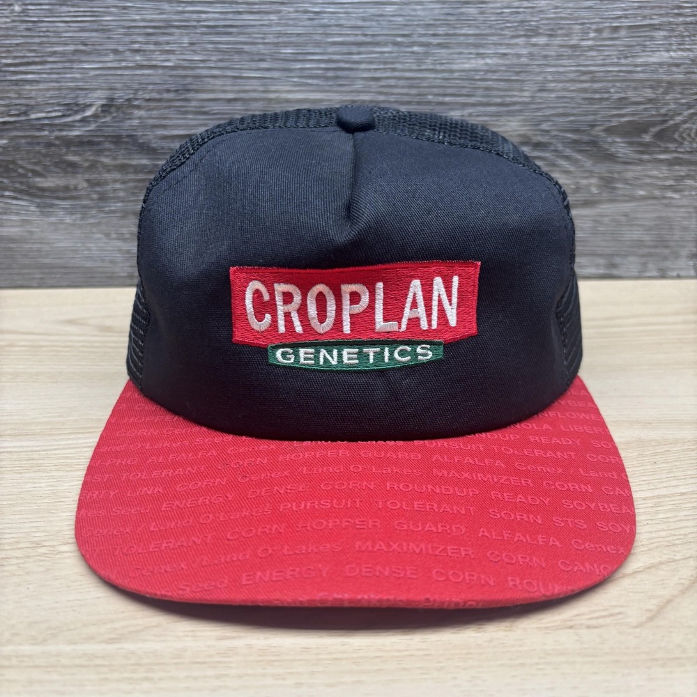 Vintage Croplan Genetics Hat Cap Snap Back Black Red Trucker Mesh Mens